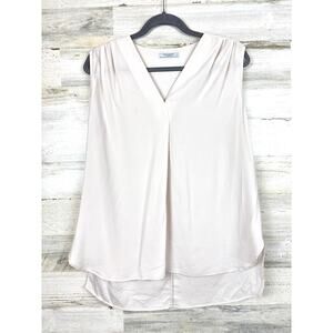 MM.LaFleur Womens L Cream Sleeveless V Neck Lightweight Pleated Dress Blouse